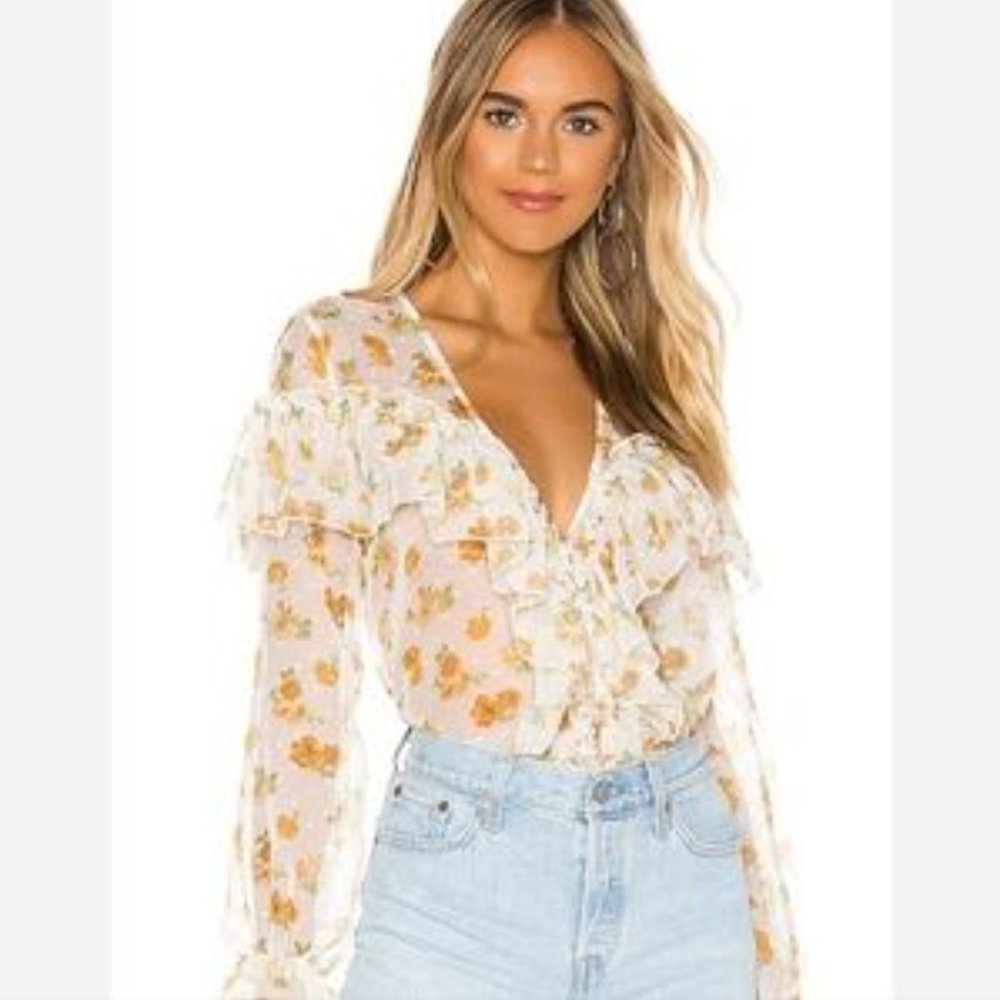MAJORELLE Revolve Mariel Floral Sheer Ruffles Romantic Blouse in Misty Yellow - Picture 2 of 3